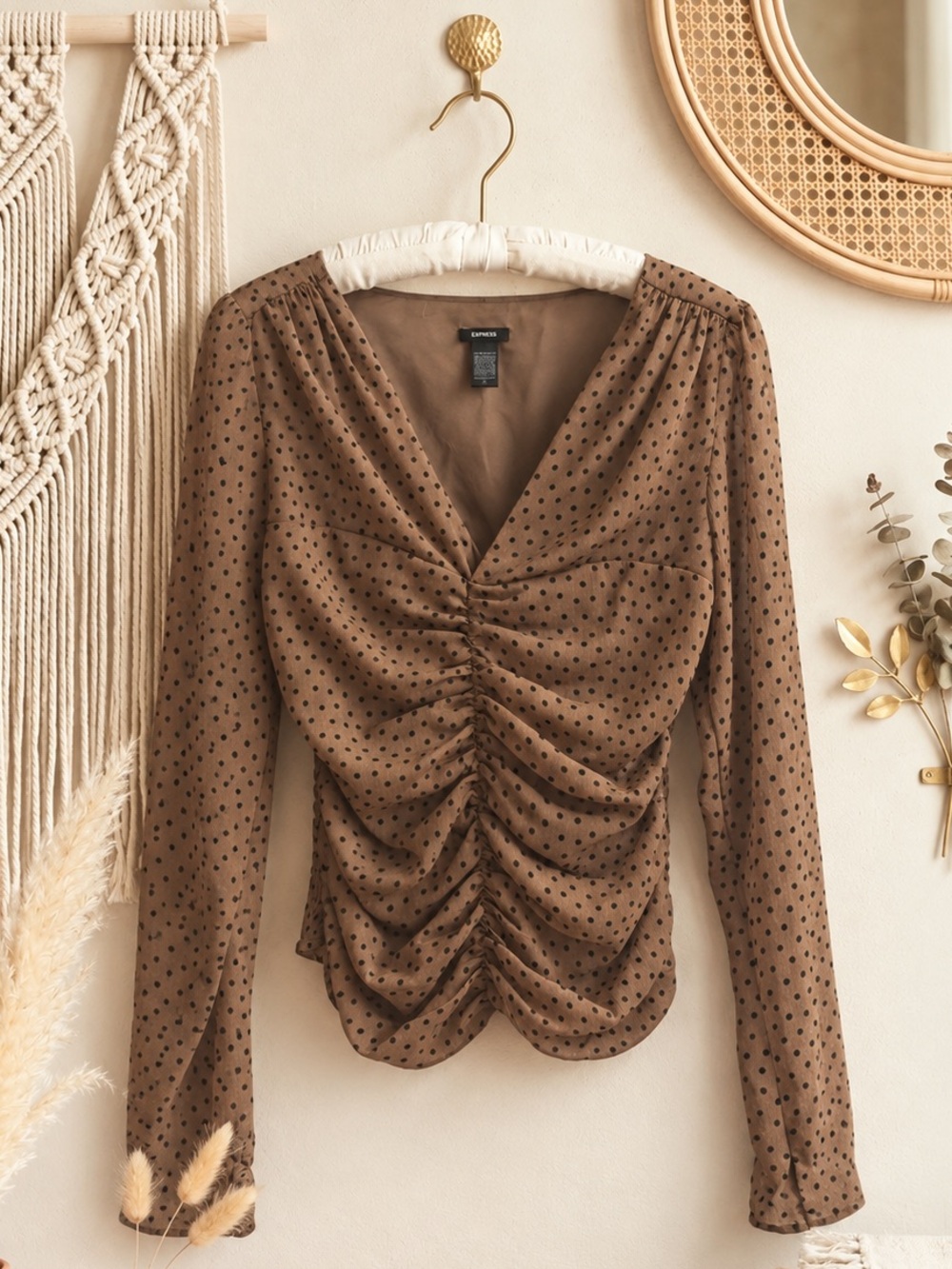 Express Ruched Polka Dot Brown Blouse with V-Neck